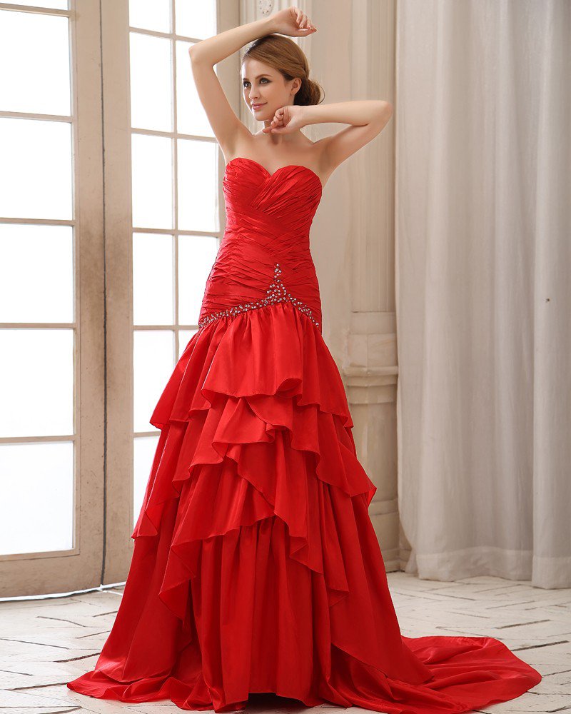 Ruffle Sequins Sweetheart Neckline Lace Up Back Taffeta Women Prom Dress