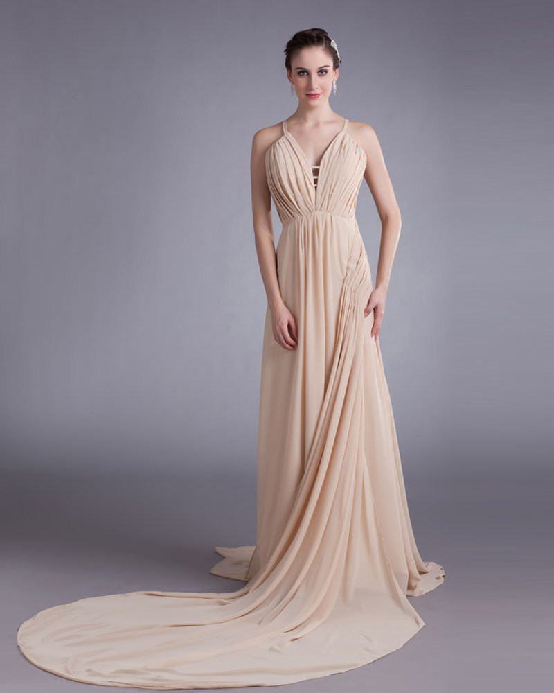 Chiffon Ruffle Spaghetti Straps Court Train Pleated Prom Dress