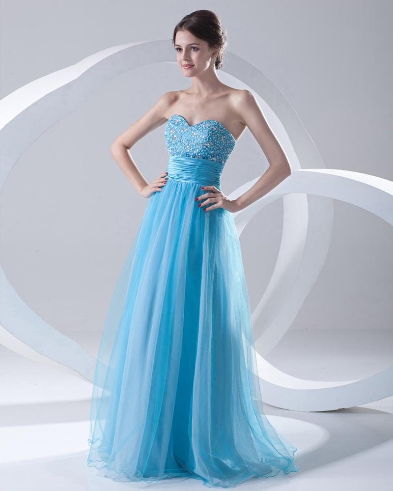 Fashion Organza Satin Beaded Sweetheart Floor Length Prom Dress