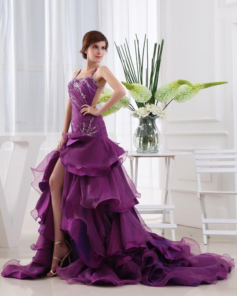 Organza Beading Ruffle Spaghetti Straps Sleeveless Backless Court Train Asymmetrical Tiered Prom Dre