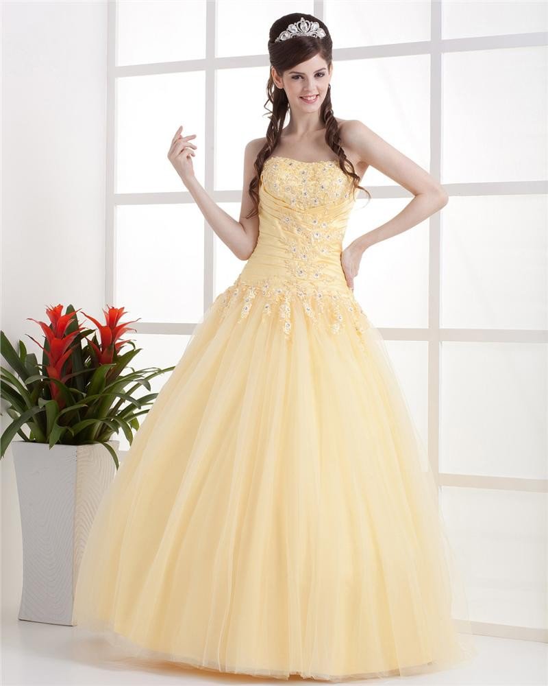 Ball Gown Satin Yarn Ruffle Applique Floor Length Quinceanera Adult Prom Dress