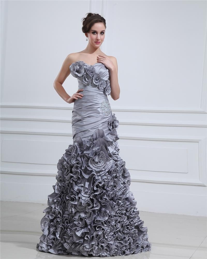 Taffeta Ruffle Flower Applique Beading Sweetheart Floor Length Prom Dress
