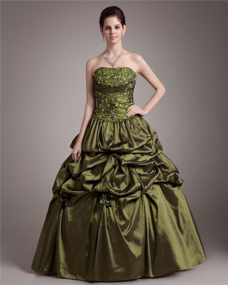 Ball Gown Satin Applique Ruffle Strapless Floor Length Quinceanera Prom Dresses