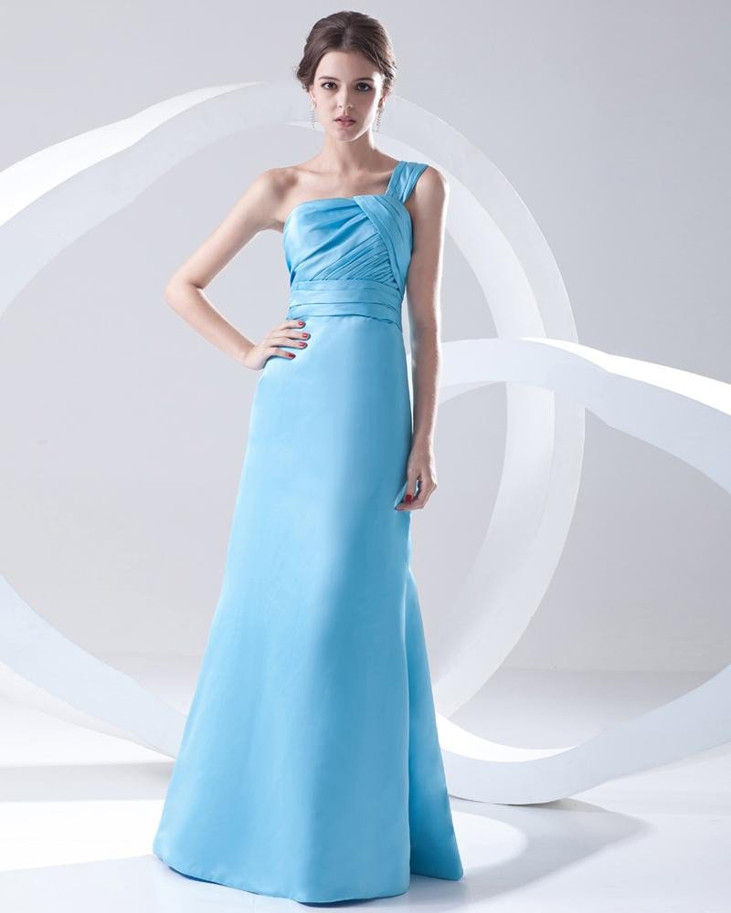 Fashion Satin Pleated One Shoulder Sleeveless Floor Length Prom Dress