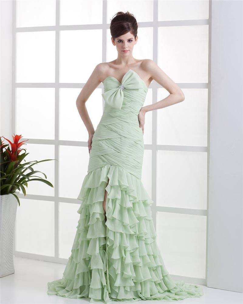 Chiffon Beads Strapless Pleated Floor Length Prom Dresses