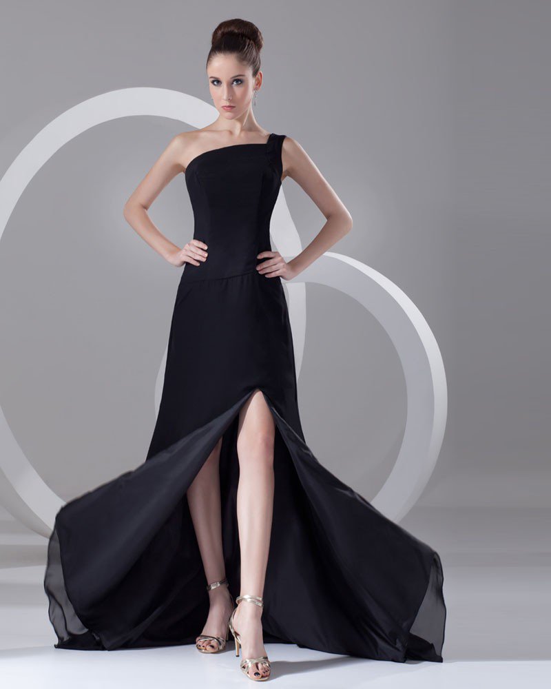 Sexy Solid One Shoulder Chiffon Floor Length Chapel Train Women Prom Dress