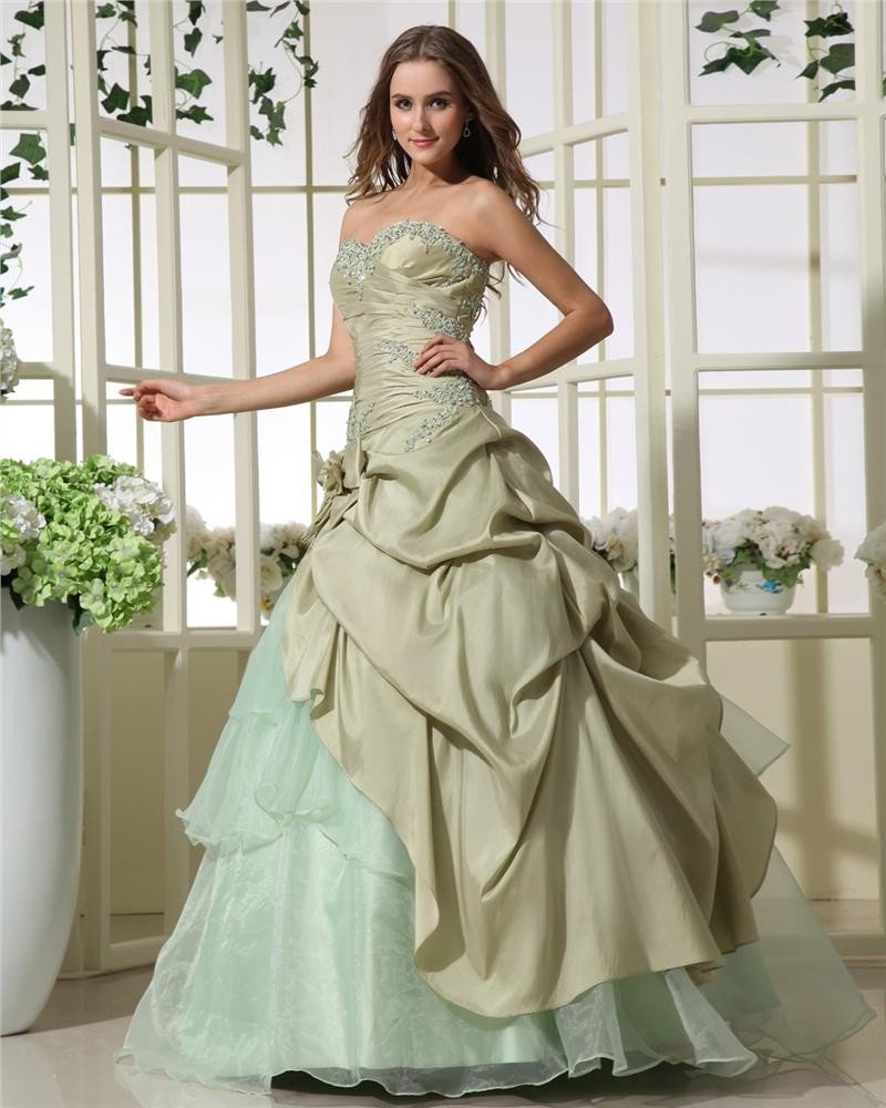 Ball Gown Chic Strapless Taffeta Beading Applique Ruffle Women Quinceanera Prom Dresses