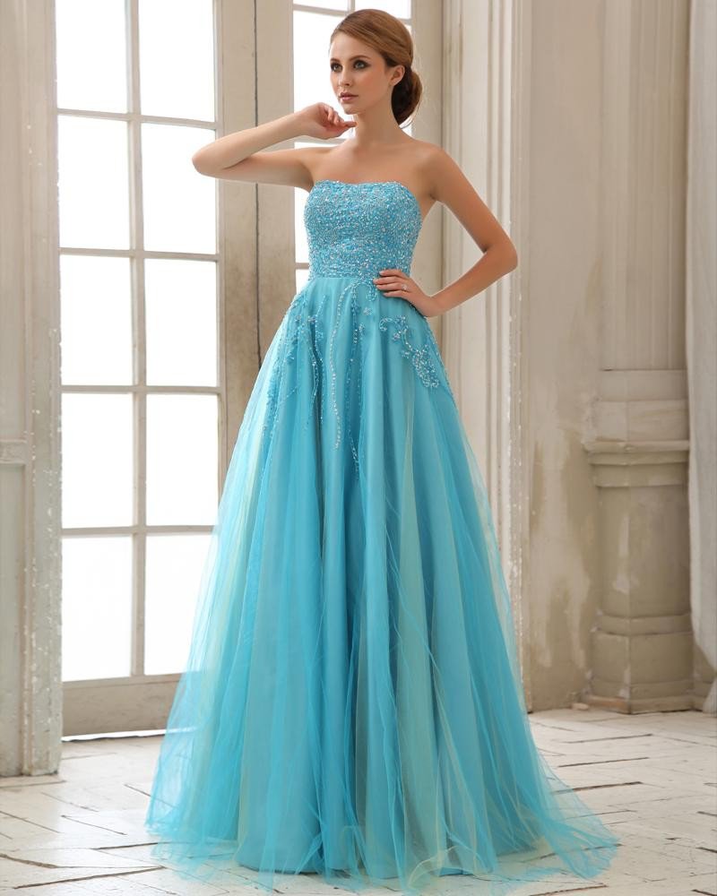 Stylish Ruffle Sequin Beading Floor Length Strapless Sateen Gauze Prom Dresses
