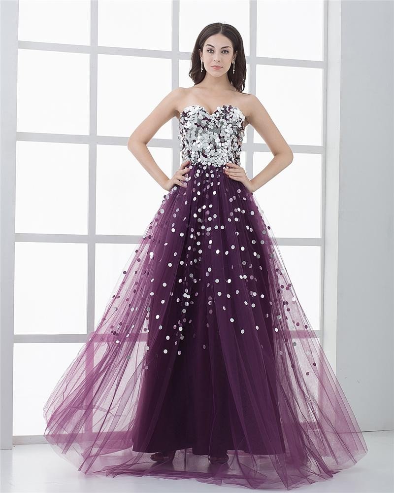 A-line Tulle Sequin Beading Ruffle Sweetheart Floor Length Prom Dress