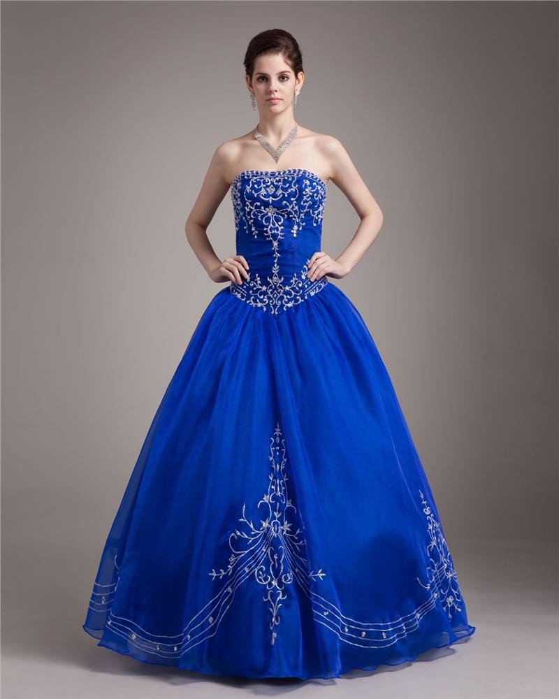 Ball Gown Yarn Pleated Beading Applique Strapless Floor Length Quinceanera Prom Dresses