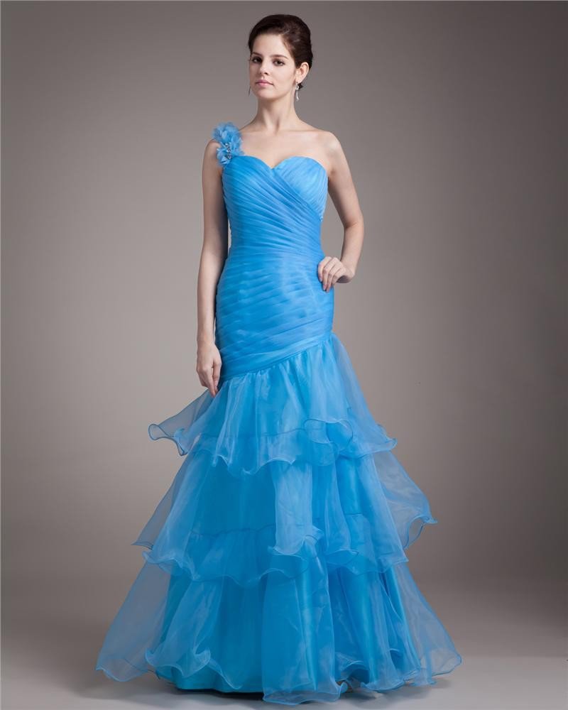 One Shoulder Floor Length Ruffles Pleated Organza Women Mermaid Prom Dress