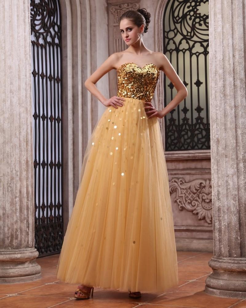 Sleeveless Tulle Satin Sequins Sweetheart Floor Length Prom Dresses