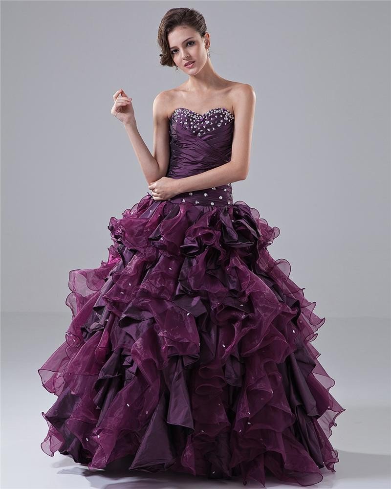 Ball Gown Sweetheart Ruffle Beading Floor Length Taffeta Quinceanera Prom Dress
