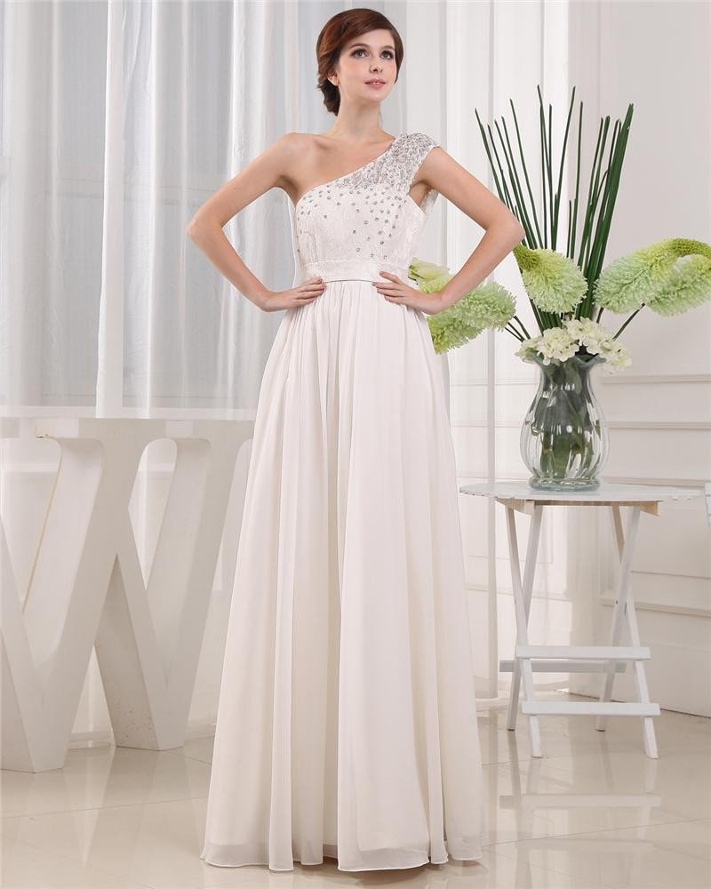 One Shoulder Beading Sleeveless Floor Length Chiffon Woman Prom Dress