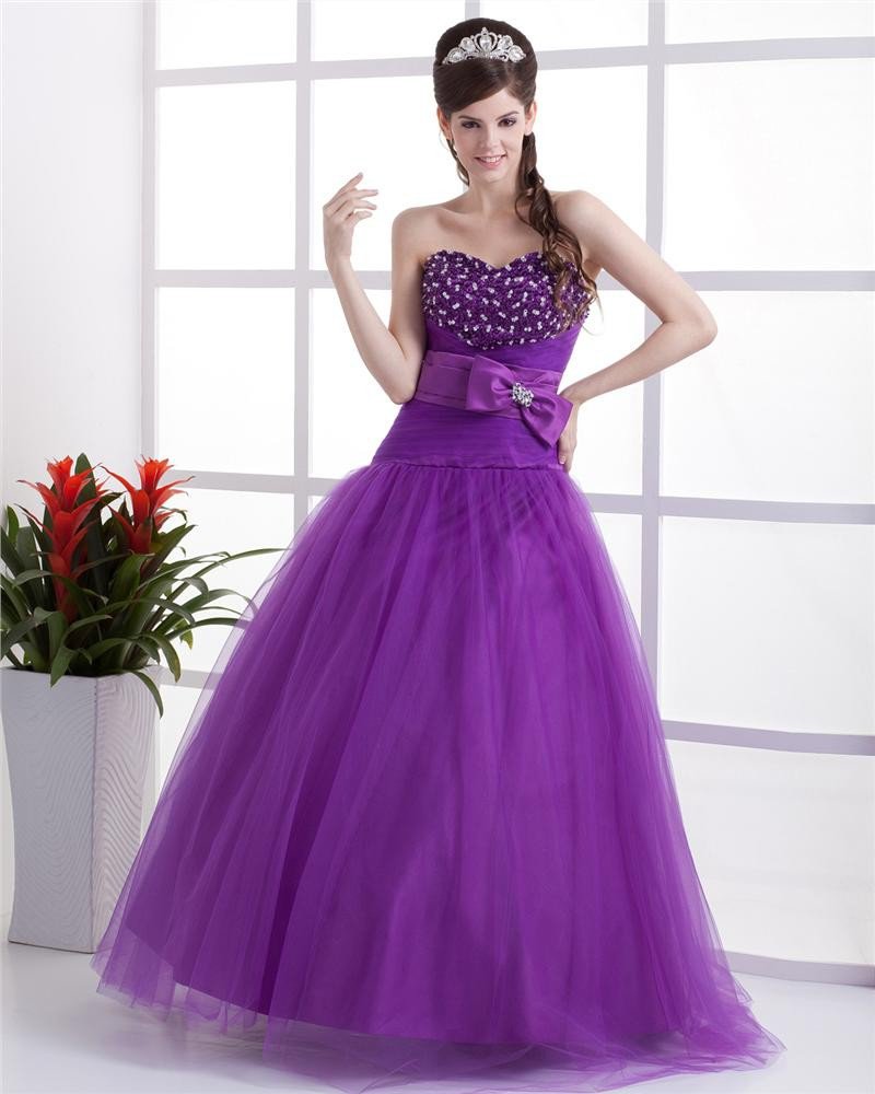 Yarn Satin Beading Ruffle Sweetheart Floor Length Quinceanera Prom Dress