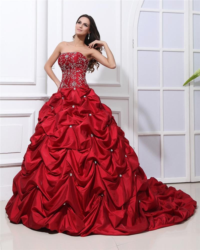 Ball Gown Satin Applique Beads Ruffles Strapless Floor Length Quinceanera Prom Dresses