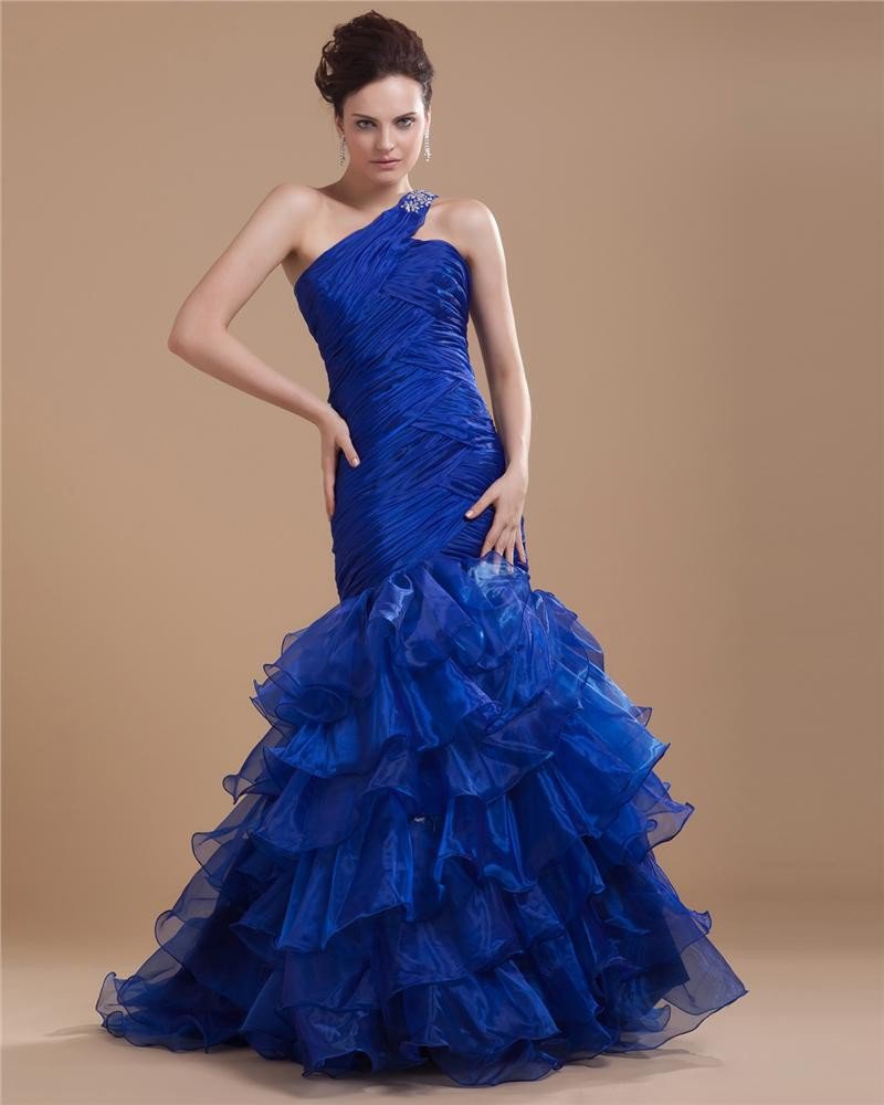 Organza Satin Beading Ruffle One Shoulder Floor Length Prom Dresses