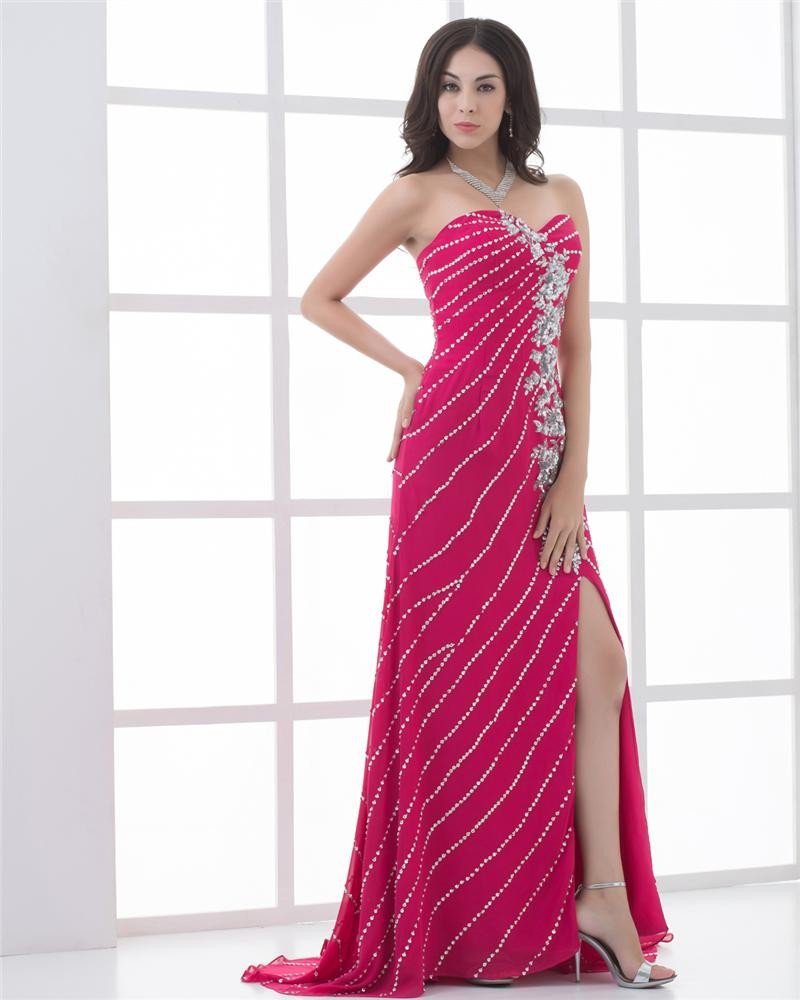 Chiffon Pleated Applique Beading Slit Sweetheart Floor Length Prom Dress