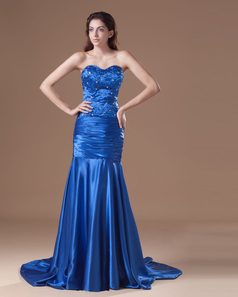 Charmeuse Ruffle Beading Sweetheart Court Train Pleated Prom Dress