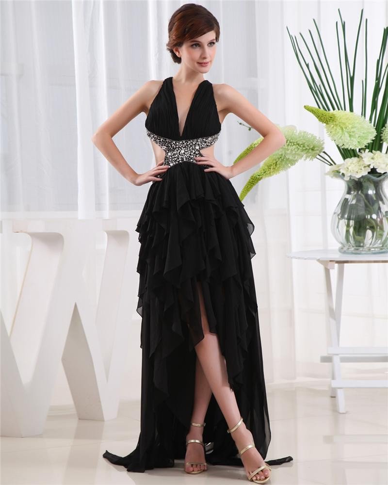 High Low V Neck Sleeveless Crossed Belt Asymmetrical Beading Ruffle Chiffon Woman Prom Dress