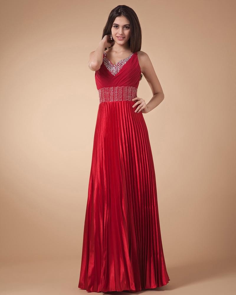V Neck Beading Ruffle Floor Length Satin Prom Dresses