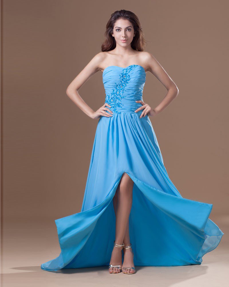 Chiffon Ruffle Beading Embroidered Sweetheart Asymmetrical Length High Low Slit Prom Dress