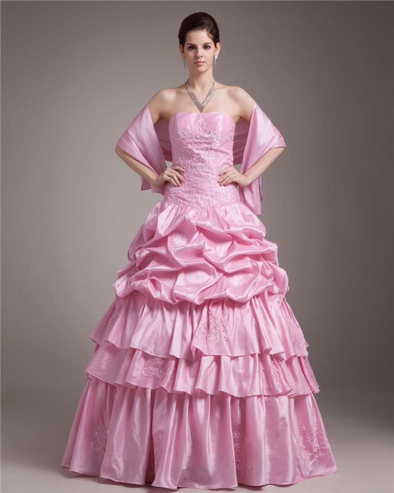 Ball Gown Strapless Floor Length Embroidery Paillette Taffeta Women Quinceanera Prom Dress