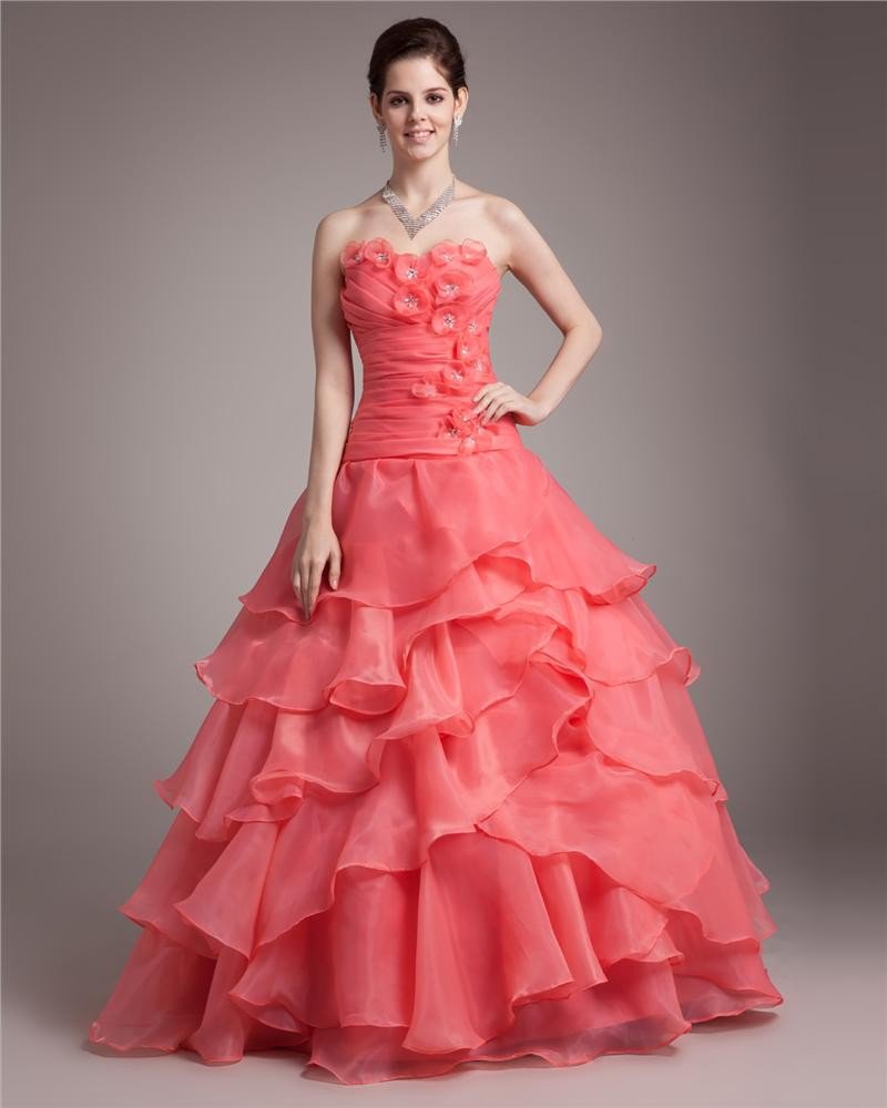 Ball Gown Sweetheart Floor Length Ruffles Applique Beading Pleated Organza Women Quinceanera Prom Dr