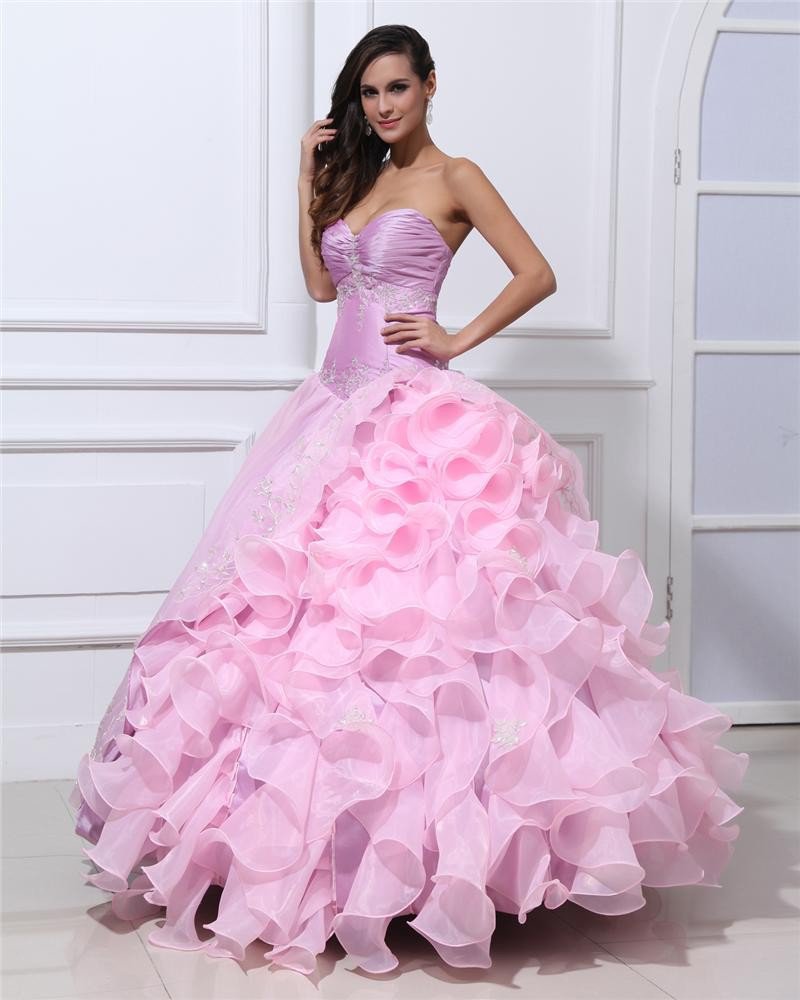Ball Gown Taffeta Organza Beading Applique Ruffle Sweetheart Floor Length Quinceanera Prom Dresses