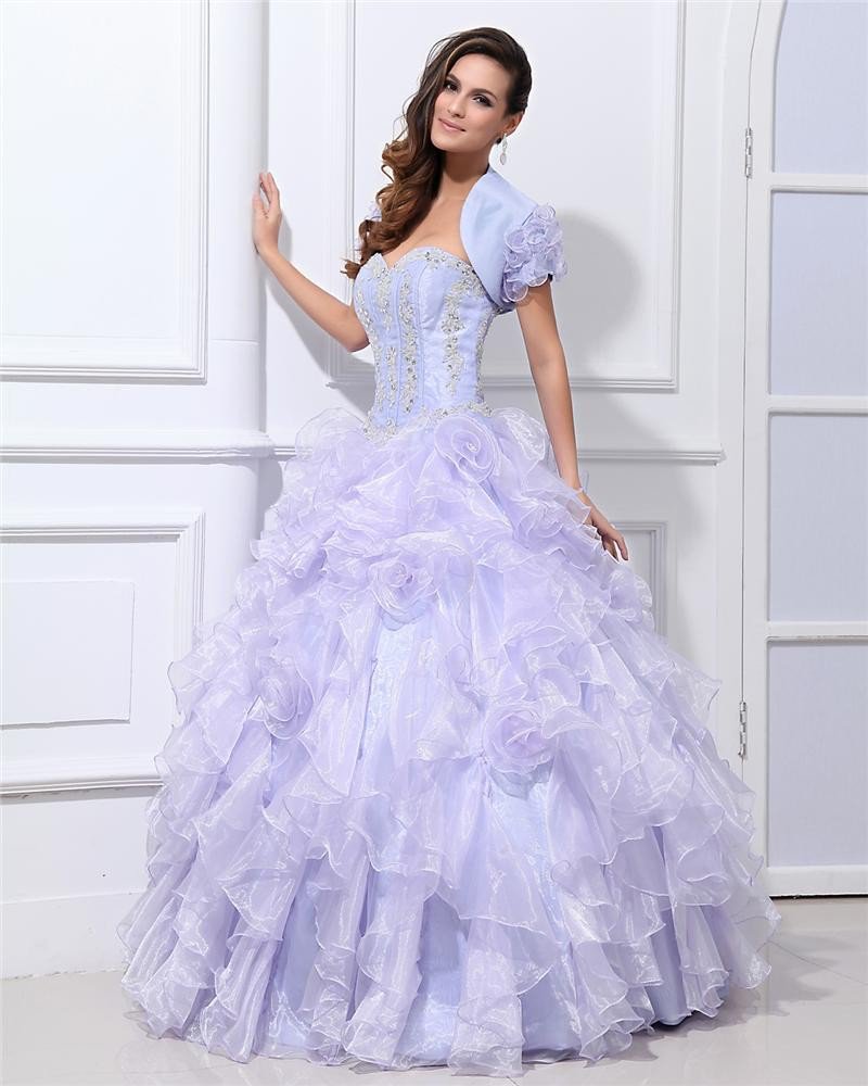 Ball Gown Yarn Ruffle Beaded Hand Flower Sweetheart Floor Length Quinceanera Prom Dresses