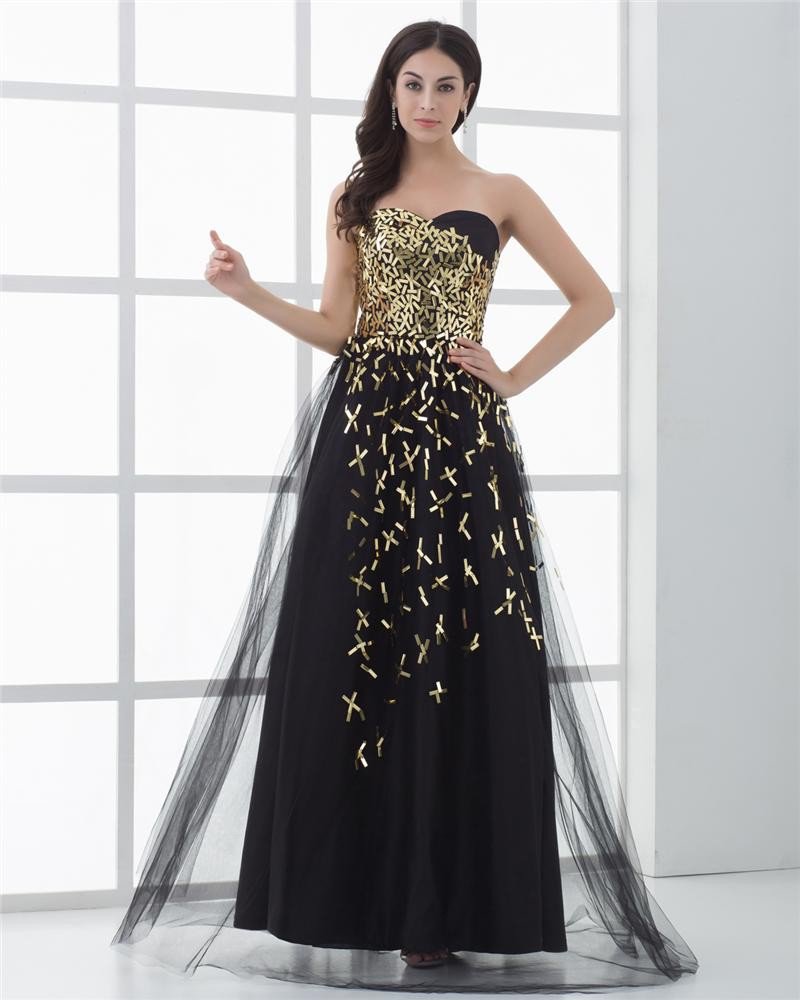 A-Line Sweetheart Floor Length Sequin Tulle Beading Prom Dresses