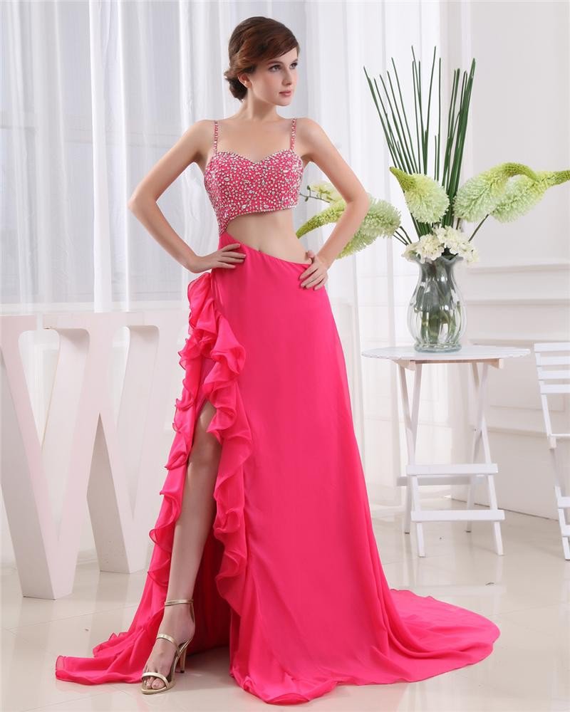 Spaghetti Straps Sleeveless Belt Floor Length Beading Chiffon Woman Prom Dress