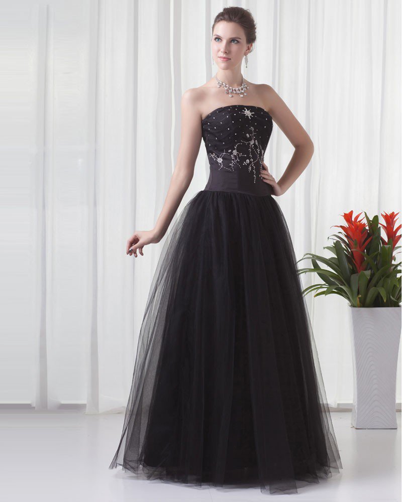 Charming Strapless Floor Length Beading Tulle Women Prom Dress