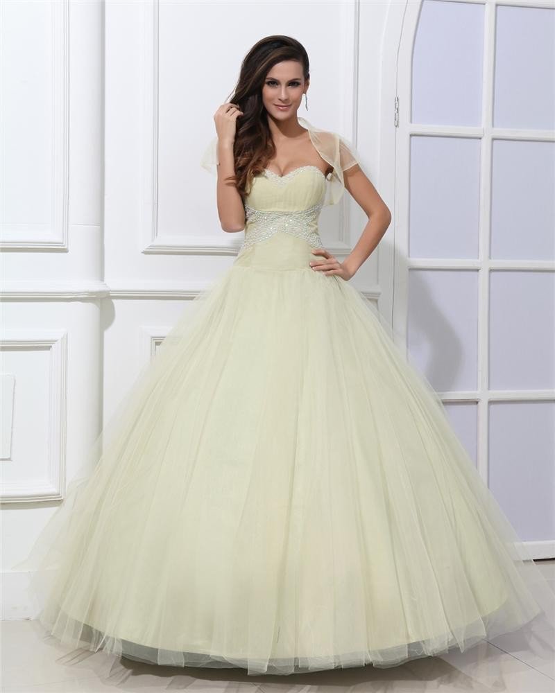 Ball Gown Beautiful A-Line Sweetheart Strapless Beaded Tulle Quinceanera Prom Dresses