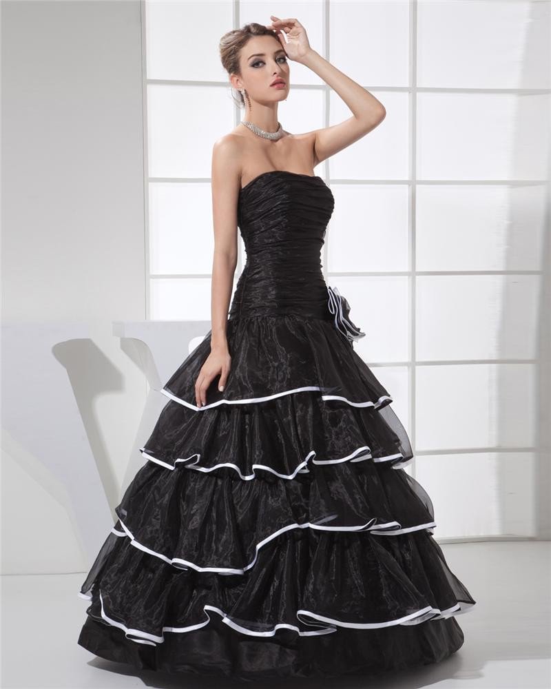 Ball Gown Strapless Pleated Layered Flower Floor Length Organza Silk Charmeuse Woman Quinceanera Pro