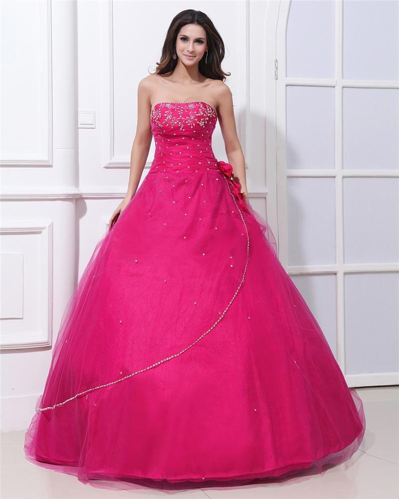 Ball Gown Yarn Satin Flower Beading Strapless Floor Length Quinceanera Prom Dresses