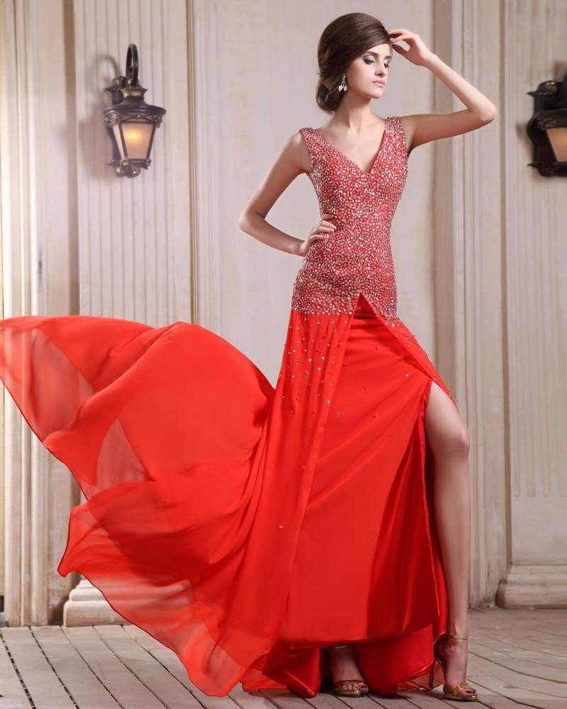 Sleeveless Charmeuse Chiffon Beading V-Neck Chapel Train Red Prom Dresses