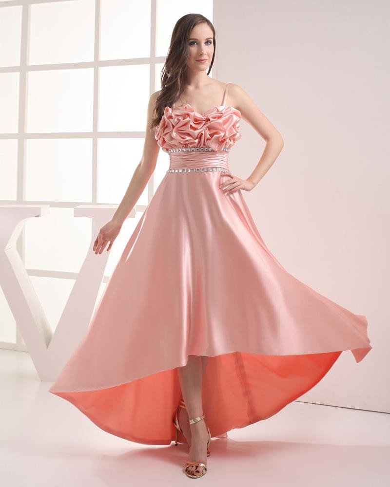 Asymmetrical Length Spaghetti Straps Beading Pleated Imitation Silk High Low Prom Dress