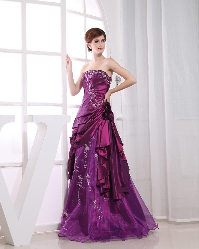 Chiffon Yarn Silk Sequins Strapless Ruffle Embroidered Sleeveless Floor Length Pleated Prom Dress