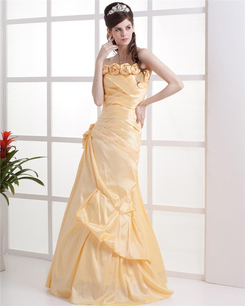 Strapless Ruffle Flower Sleeveless Floor Length Lace Up Taffeta Woman Prom Dress