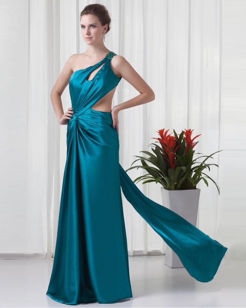 One Shoulder Floor Length Beading Pleated Charmeuse Slim Women Prom Dress
