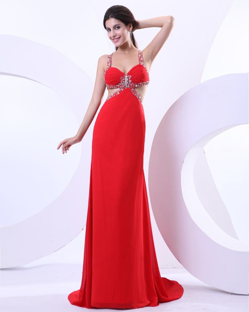 Sexy Chiffon Ruffle Beading Shoulder Straps Floor Length Prom Dresses