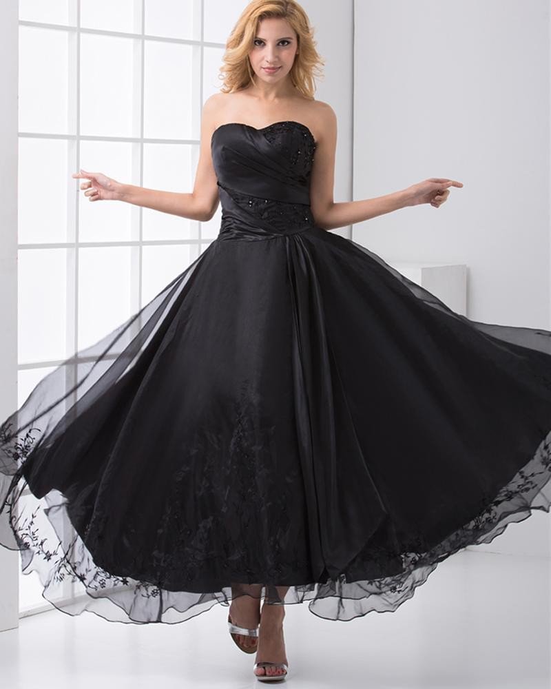 Fashion Organza Satin Embroidery Beaded Sweetheart Ankle Length Prom Dress