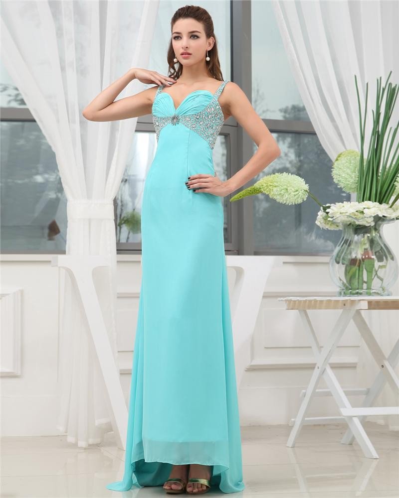 Shouder Straps Sleeveless Zipper Beading Floor Length Chiffon Woman Prom Dress