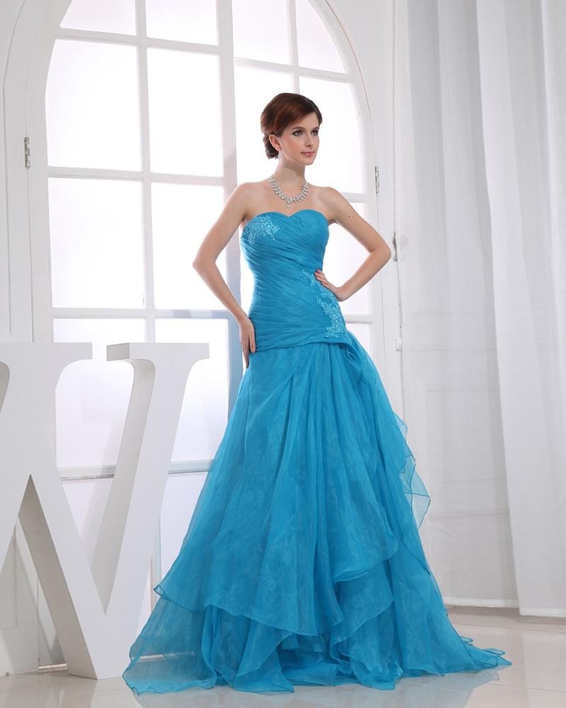 Strapless Zipper Sleeveless Applique Layered Floor Length Prom Dress Organza Charmeuse Silk Woman Pr