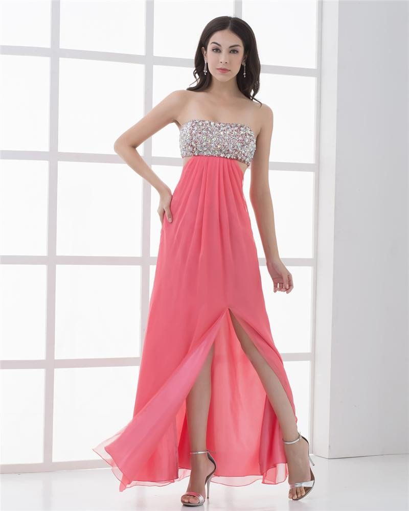 Unique Strapless Floor Length Beading Pleated Chiffon Women Prom Dress