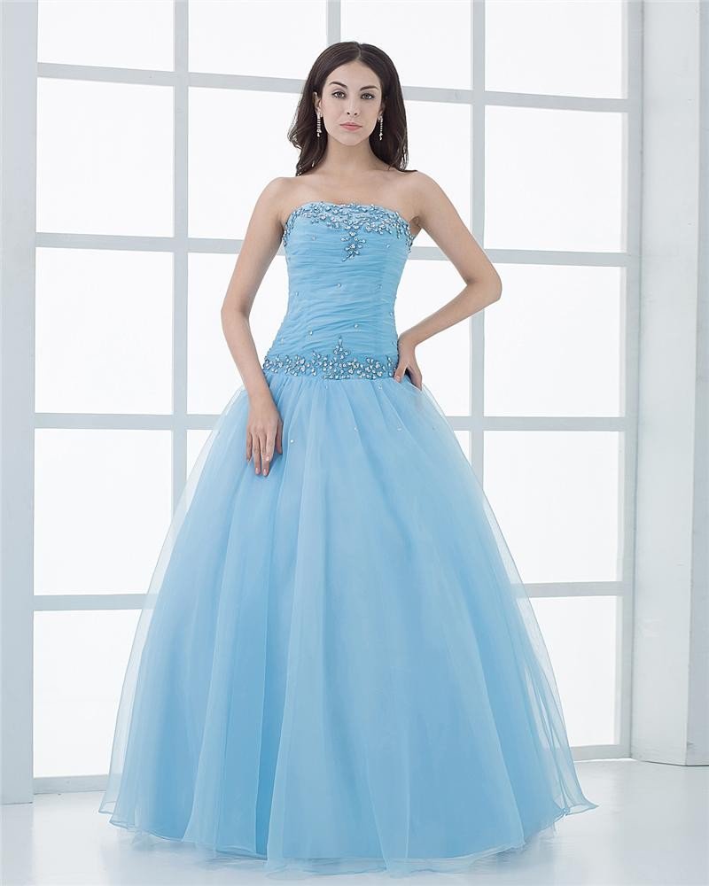 Ball Gown Organza Strapless Beading Ruffle Manual Flower Pattern Floor Length Quinceanera Prom Dress