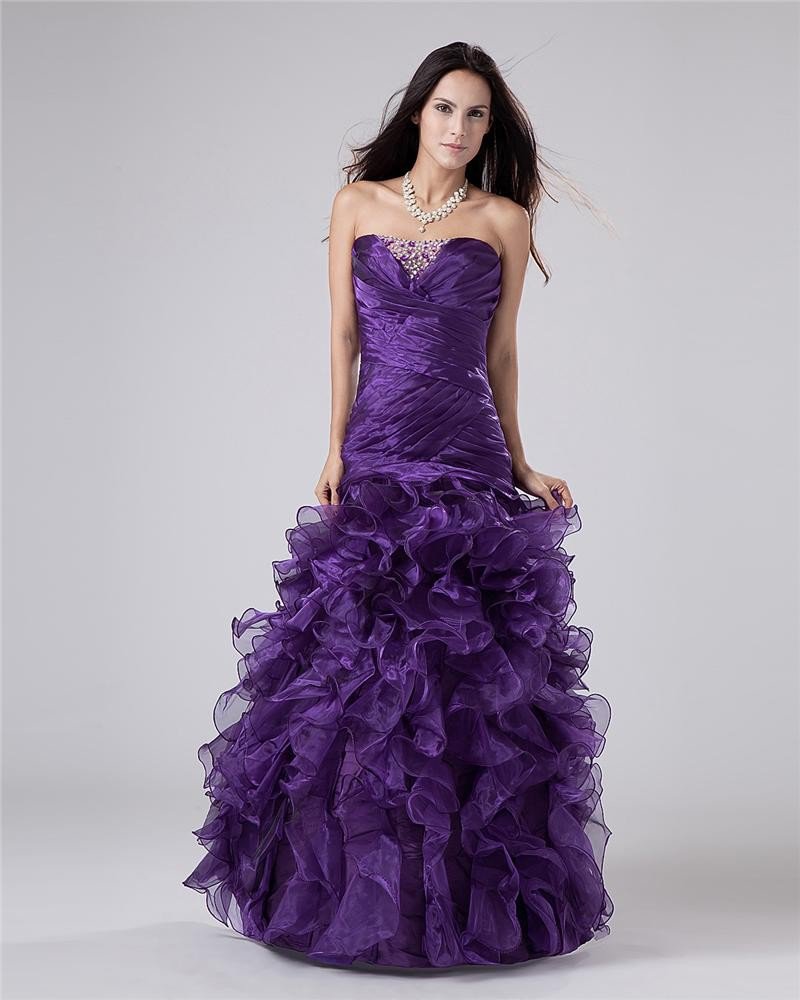 Taffeta Beads Applique Ruffles Sweetheart Floor Length Prom Dress