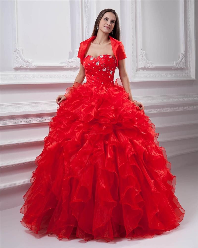 Ball Gown Organza Ruffle Beading Applique Sweetheart Floor Length Quinceanera Prom Dresses