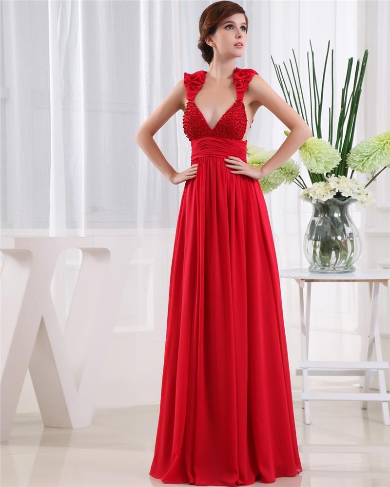 Shouder Straps Sleeveless Belt Floor Length Beading Ruffle Chiffon Woman Prom Dress